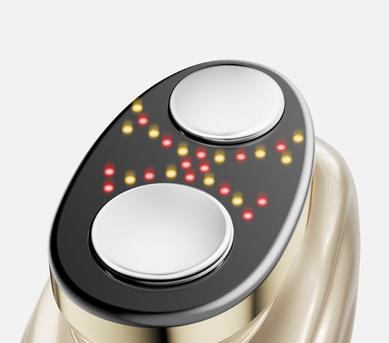 Close-up of TAFITIE Conch dual treatment heads with red and yellow LED lights
